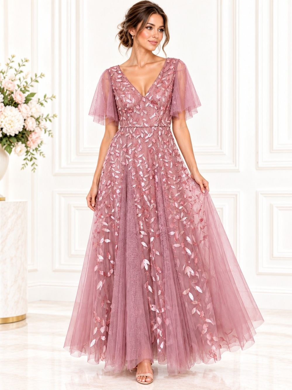 Ever-Pretty Dusty Rose Embroidered Sequin Formal Gown Dress | Size 10